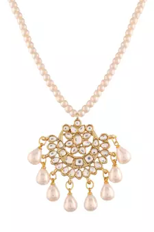 Gold Plated Kundan Pearl Studded & Beaded Moti Mala Necklace Jewellery Set for  