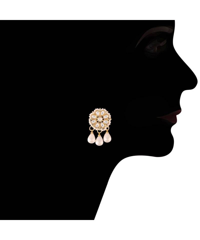 Gold Plated Kundan Pearl Studded & Beaded Moti Mala Necklace Jewellery Set for  