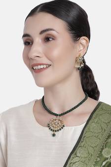 Kundan Pearl Studded & Beaded Mala Necklace Jewellery Set for  (ML304G)