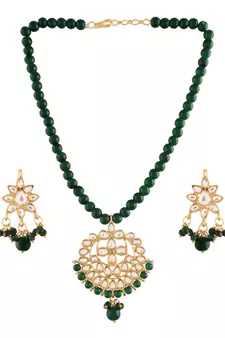 Kundan Pearl Studded & Beaded Mala Necklace Jewellery Set for  