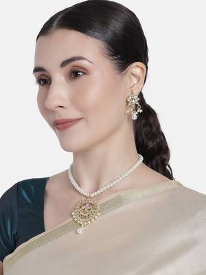 Gold Plated Kundan Pearl Studded & Beaded Moti Mala Necklace Jewellery Set for   1