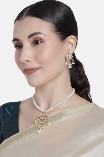Gold Plated Kundan Pearl Studded & Beaded Moti Mala Necklace Jewellery Set for  
