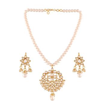 Gold Plated Kundan Pearl Studded & Beaded Moti Mala Necklace Jewellery Set for   2