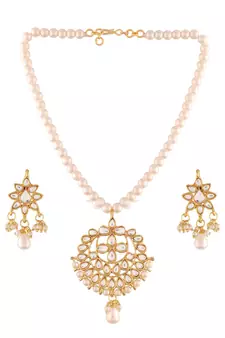 Gold Plated Kundan Pearl Studded & Beaded Moti Mala Necklace Jewellery Set for  