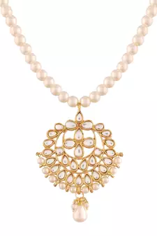 Gold Plated Kundan Pearl Studded & Beaded Moti Mala Necklace Jewellery Set for  