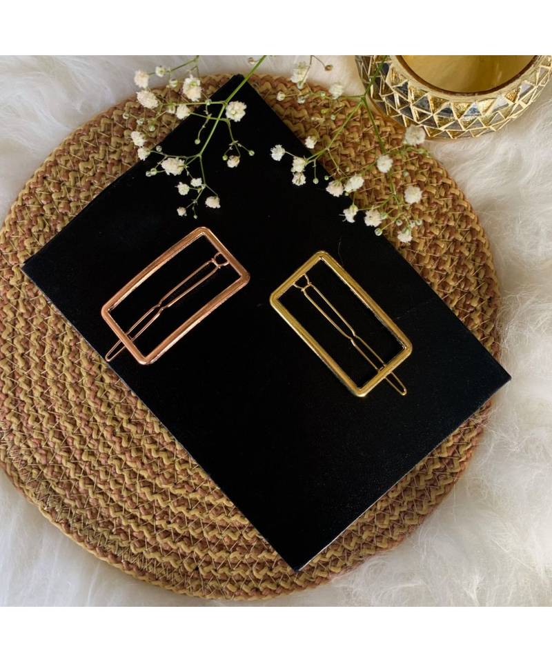 2Pcs Gold & Rose Gold Minimalist Rectangle Shaped Geometric Metal HairpinsHair ClipClutch for  