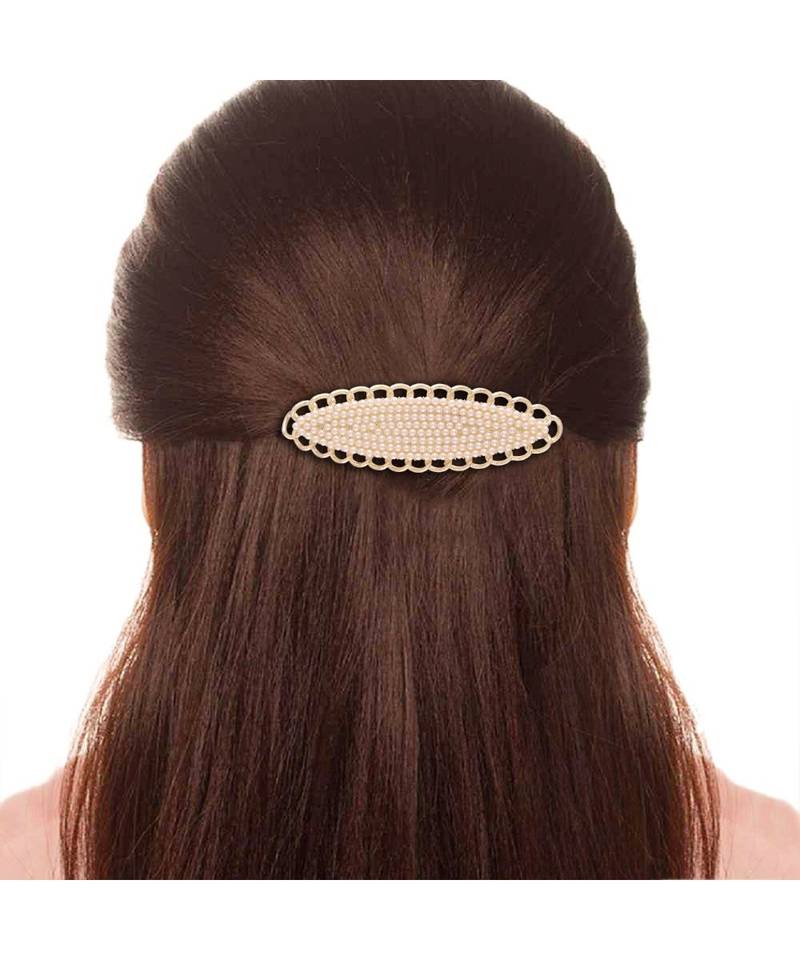 Gold Plated Oval Shaped Pearl Studded Metal HairpinsHair ClipsClutch for  (Pack of 1 pcs) (A99CLP50)