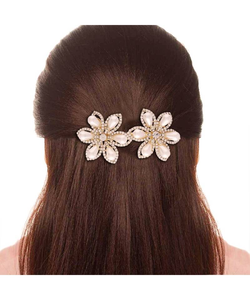 Gold Plated Flower Shaped Pearl Studded with Stone Metal HairpinsHair ClipsClutch for  (Pack of 1 Pcs) (A99CLP51)