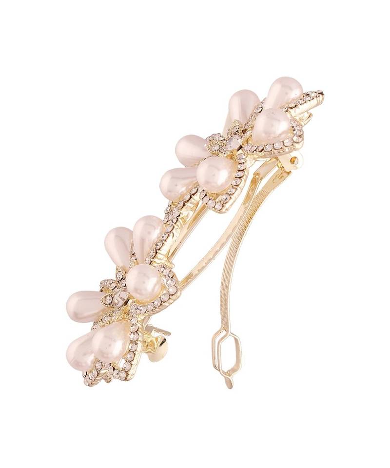 Gold Plated Flower Shaped Pearl Studded with Stone Metal HairpinsHair ClipsClutch for  (Pack of 1 Pcs) (A99CLP51)