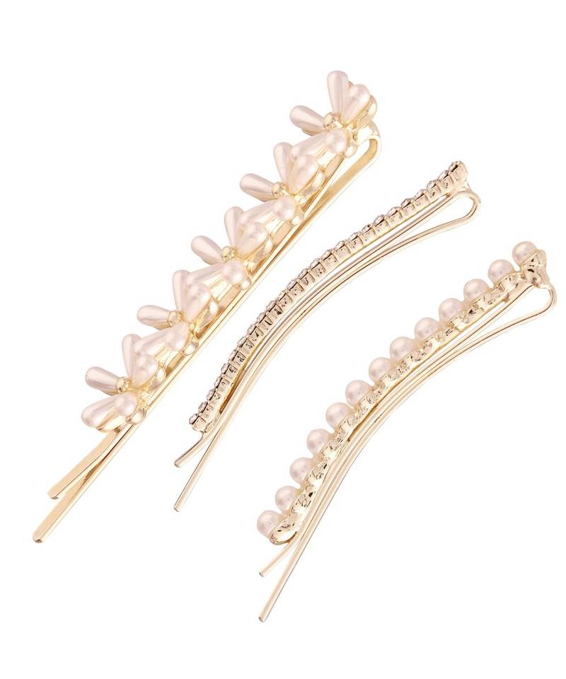 Gold Plated Pearl with Stone Studded Metal HairpinsHair Clips for  (Pack of 3 Pcs) (A99CLP55CO)
