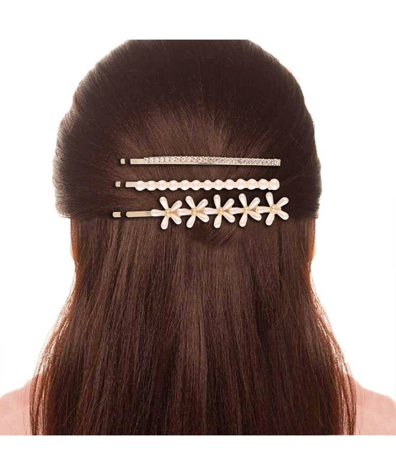 Gold Plated Pearl with Stone Studded Metal HairpinsHair Clips for  (Pack of 3 Pcs) (A99CLP55CO)