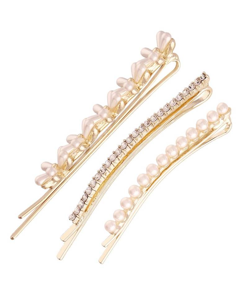 Gold Plated Pearl with Stone Studded Metal HairpinsHair Clips for  (Pack of 3 Pcs) (A99CLP55CO)