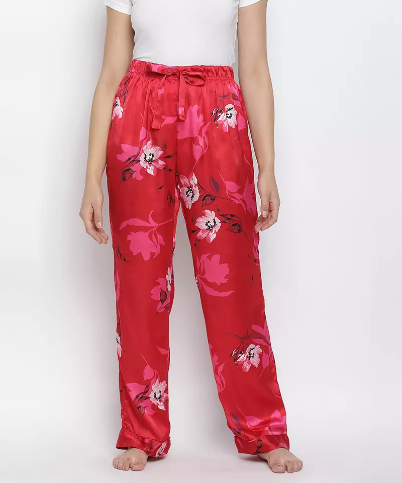 Glories red  Satin florestic women nightwear pajama
