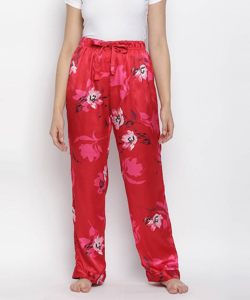 Glories red  Satin florestic women nightwear pajama