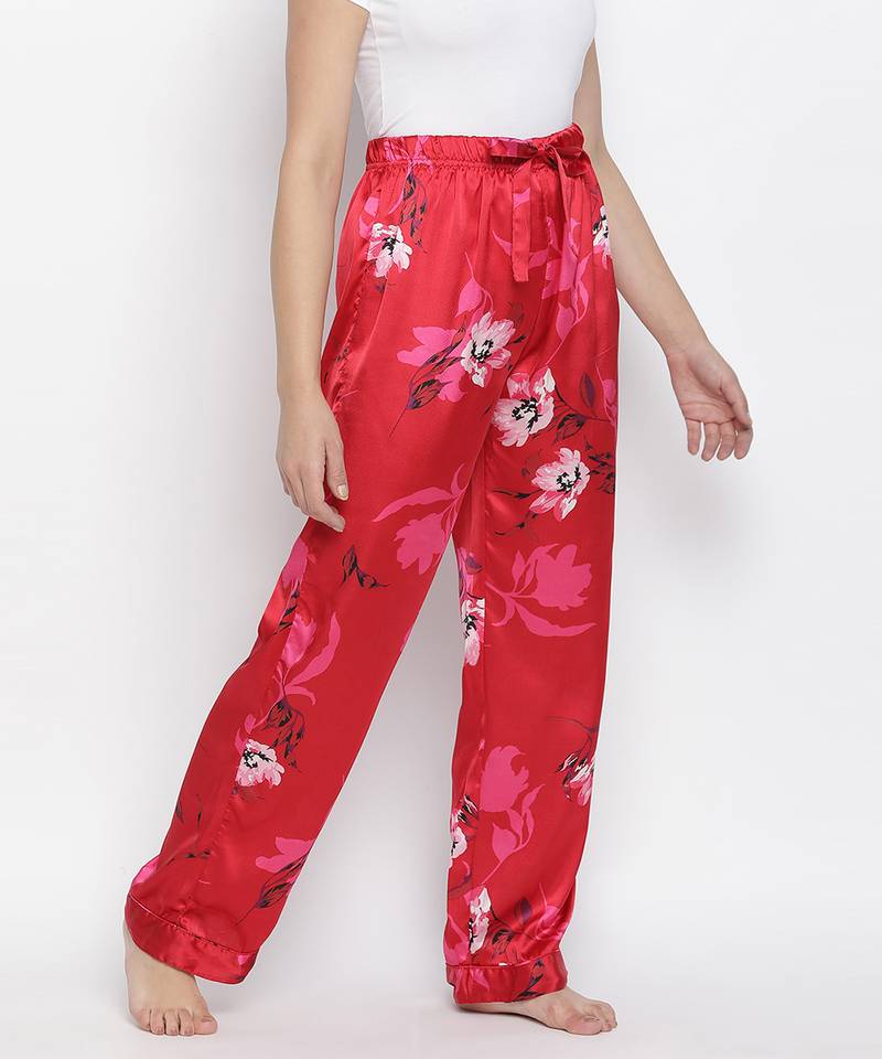 Glories red  Satin florestic women nightwear pajama