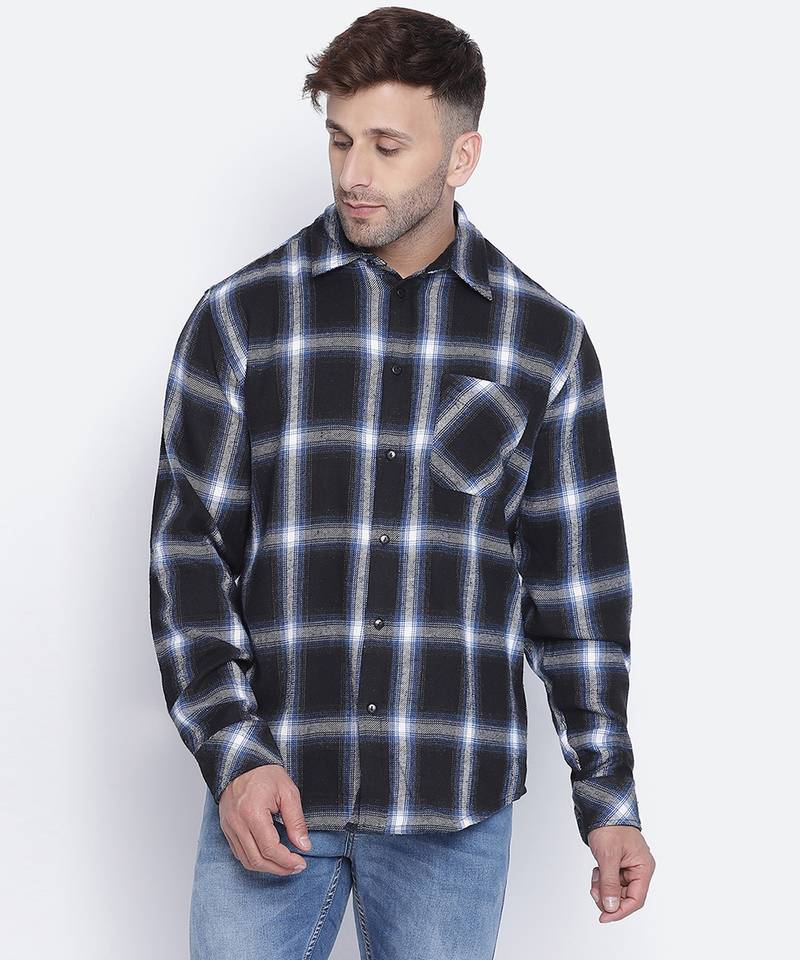 Stud blue brusg check cotton men shirt