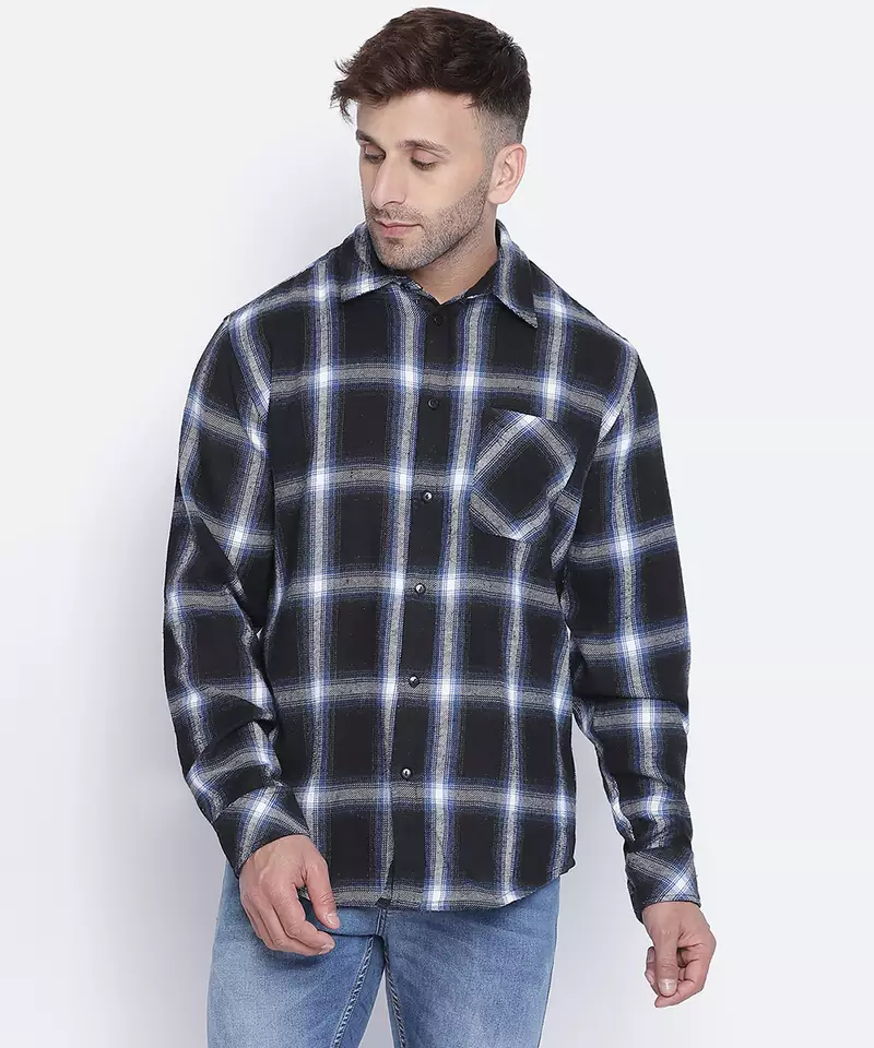Stud blue brusg check cotton men shirt