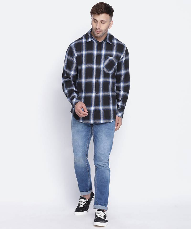 Stud blue brusg check cotton men shirt