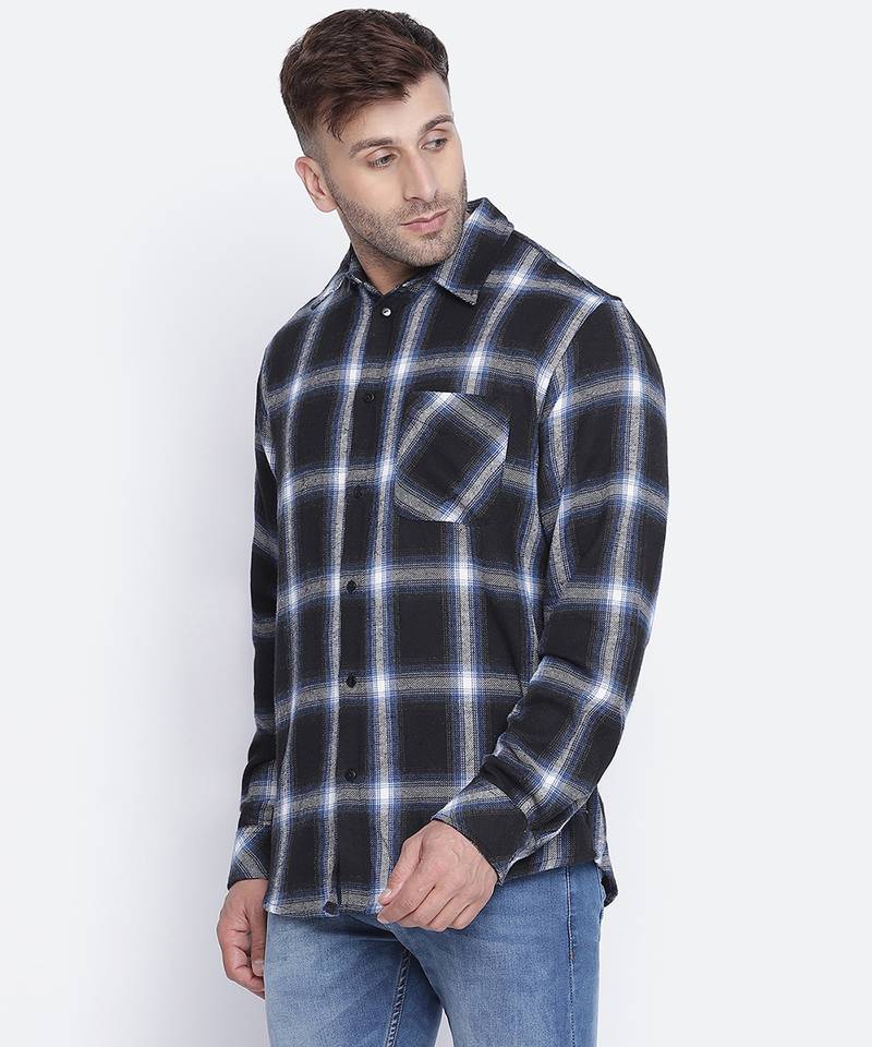Stud blue brusg check cotton men shirt