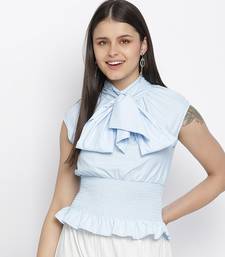 Glossy chic blue pussy bow women top