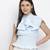 Glossy chic blue pussy bow women top