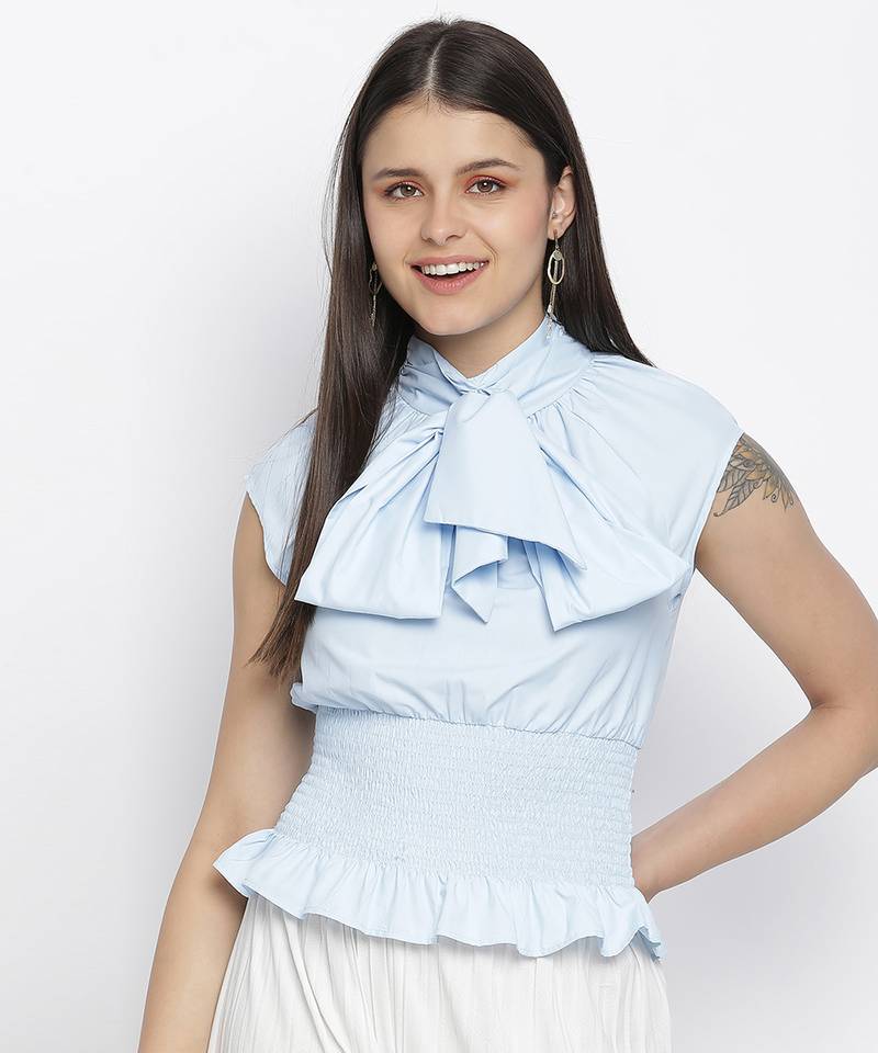 Glossy chic blue pussy bow women top