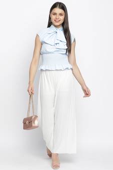 Glossy chic blue pussy bow women top