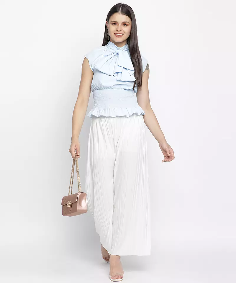 Glossy chic blue pussy bow women top
