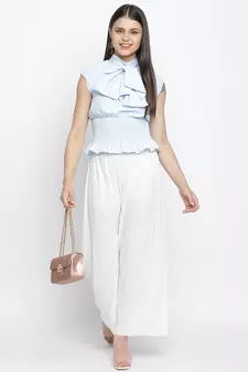 Glossy chic blue pussy bow women top