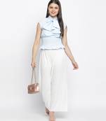 Glossy chic blue pussy bow women top