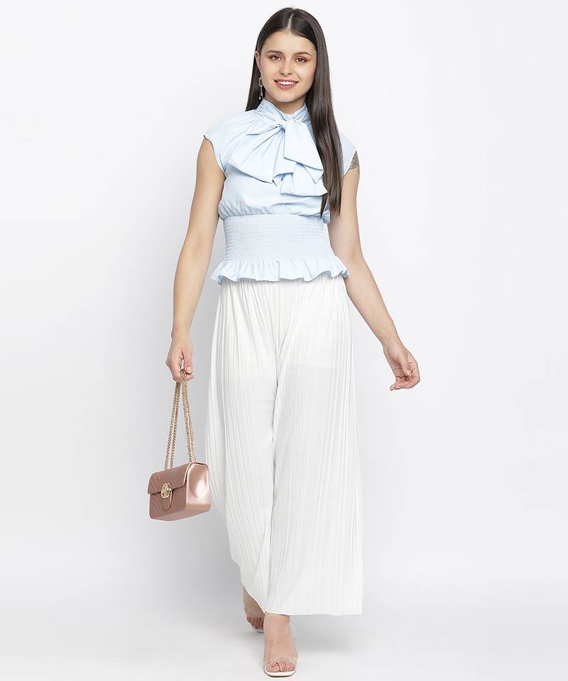 Glossy chic blue pussy bow women top
