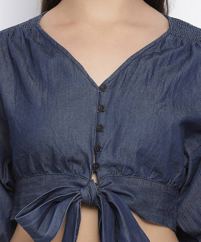 Jack denim tie- knot women crop top