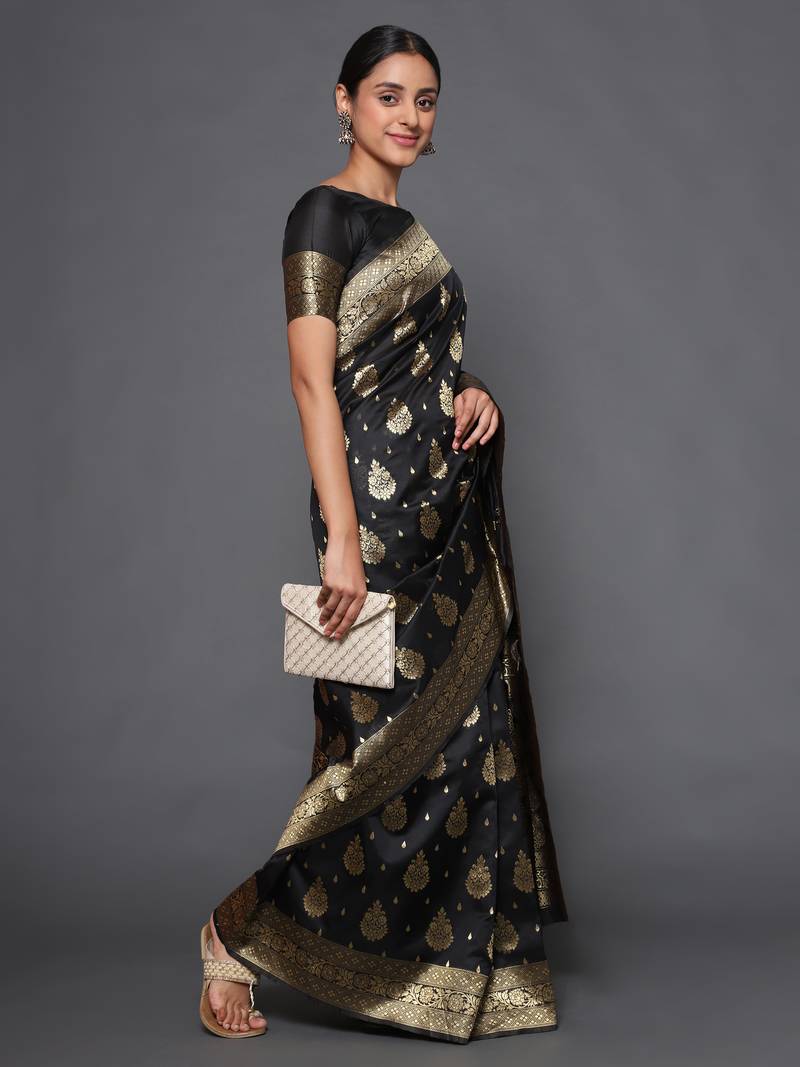 Glemora Black Beautiful Ethnic Wear Silk Blend  Traditional Saree