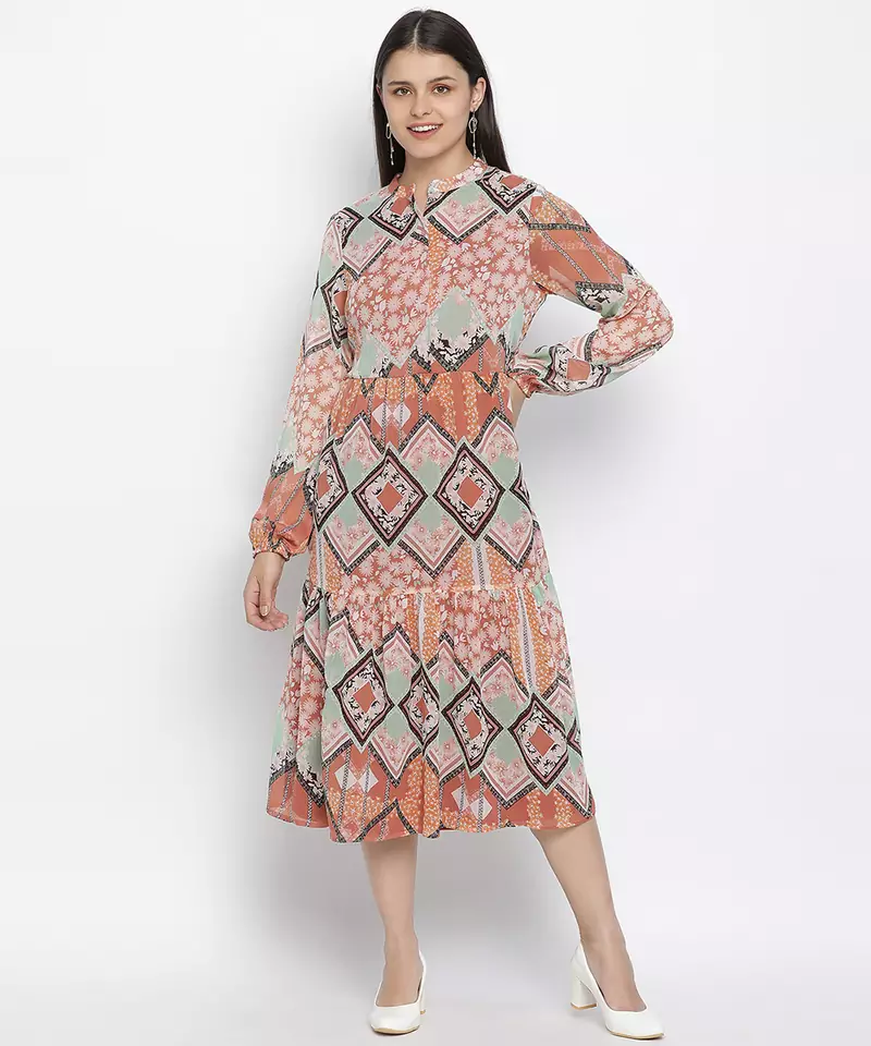 Feminine A- symertrical print button dowmn women dress