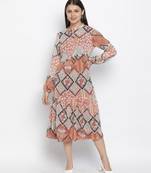 Feminine A- symertrical print button dowmn women dress