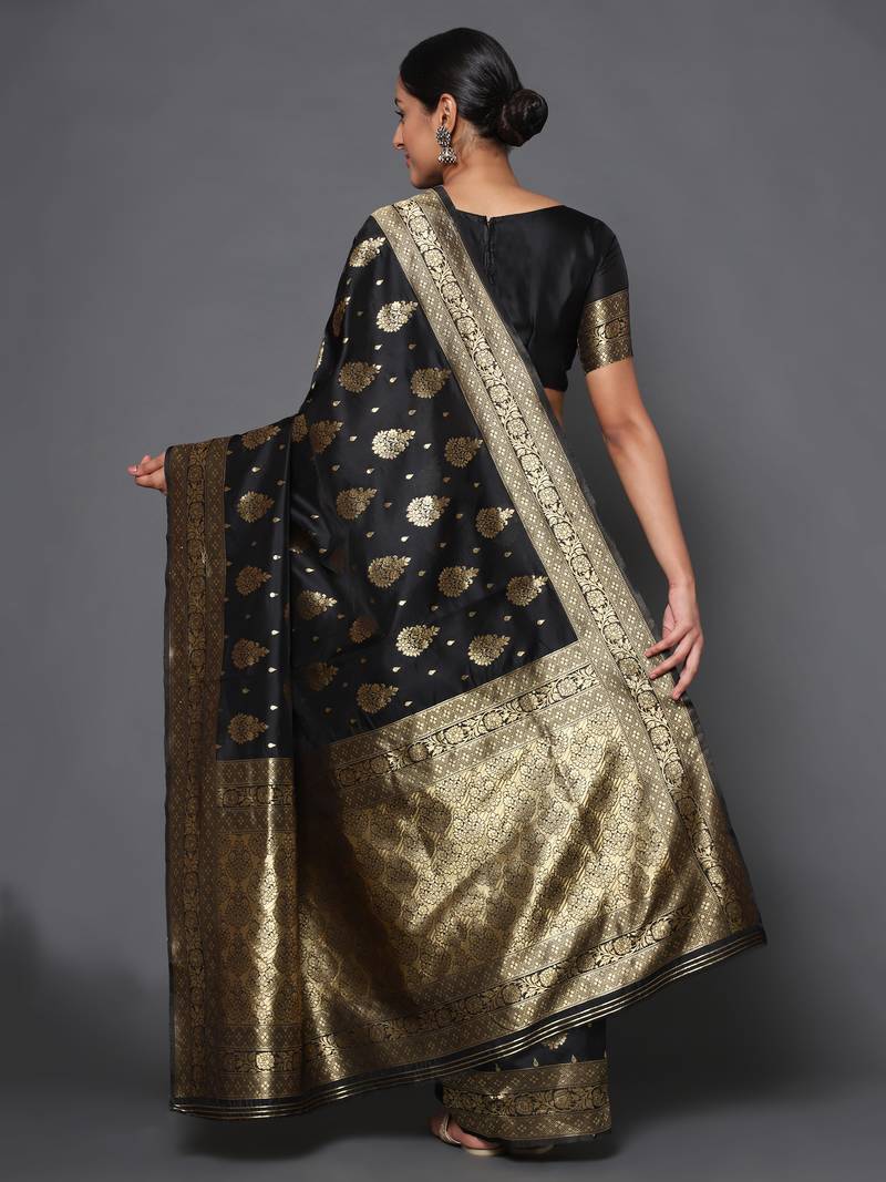 Glemora Black Beautiful Ethnic Wear Silk Blend  Traditional Saree