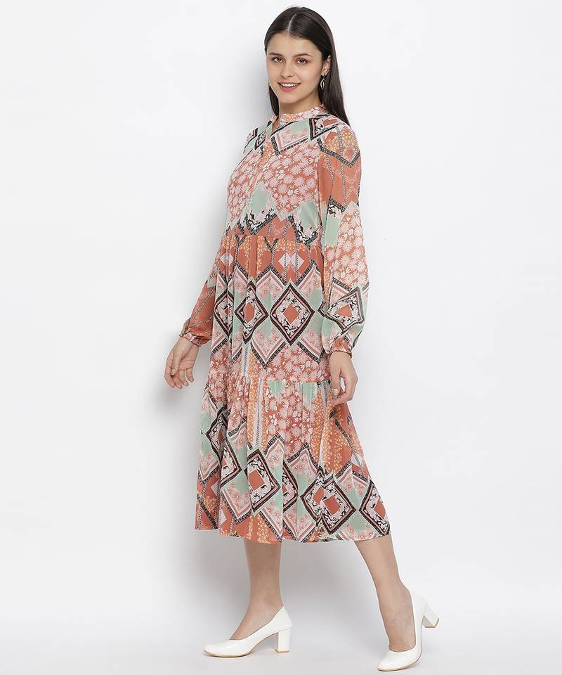 Feminine A- symertrical print button dowmn women dress