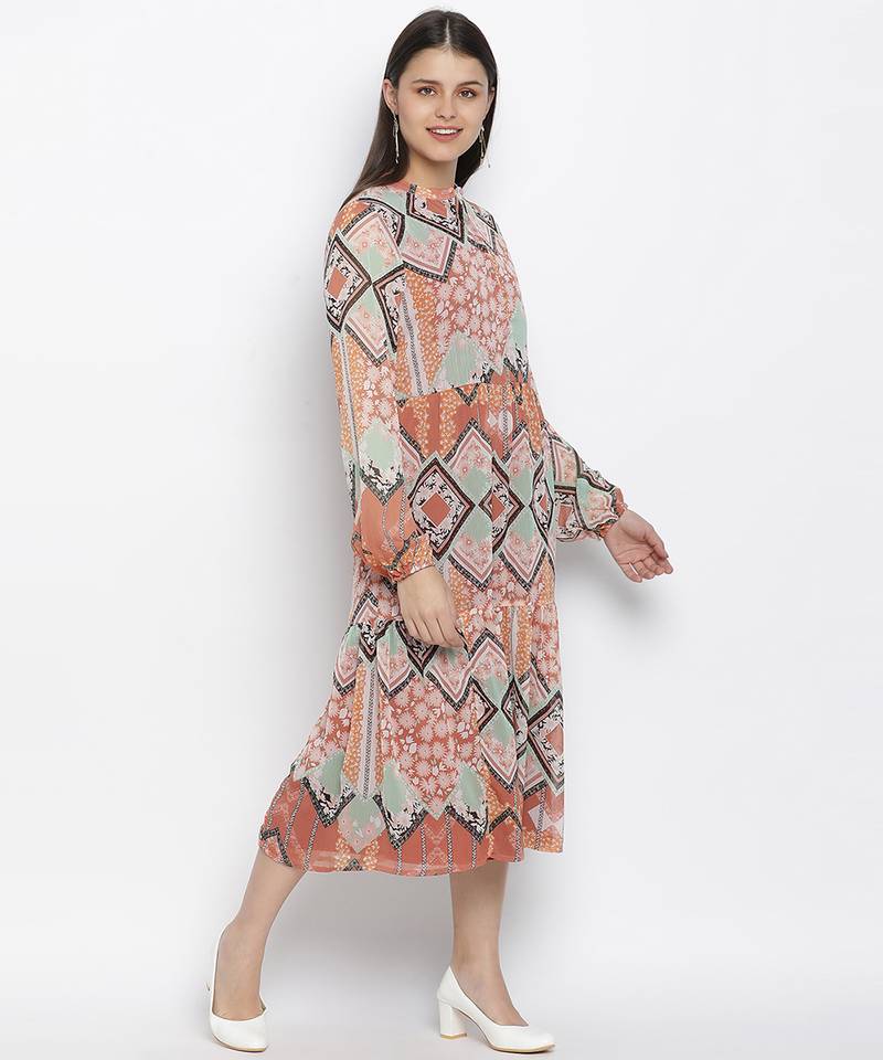 Feminine A- symertrical print button dowmn women dress