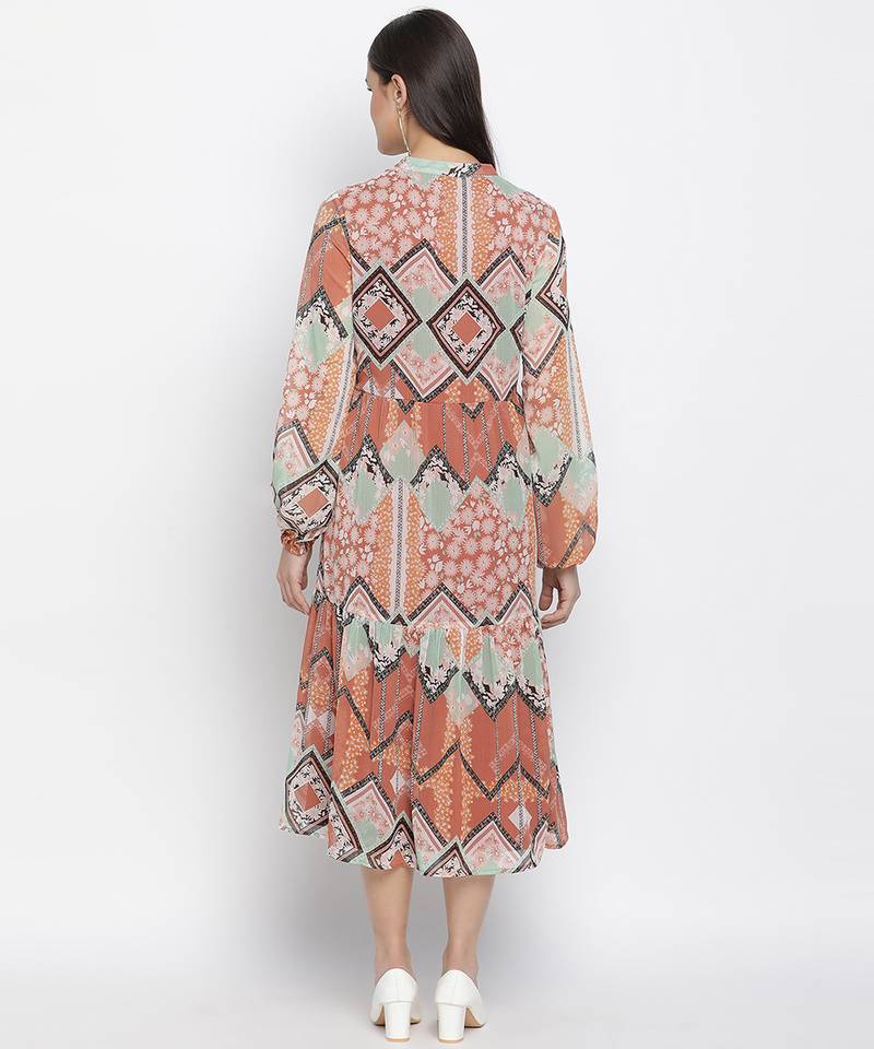 Feminine A- symertrical print button dowmn women dress