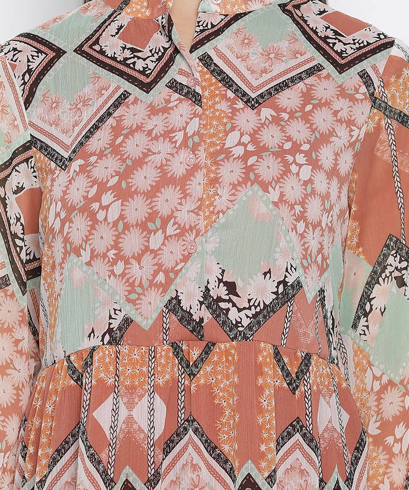 Feminine A- symertrical print button dowmn women dress