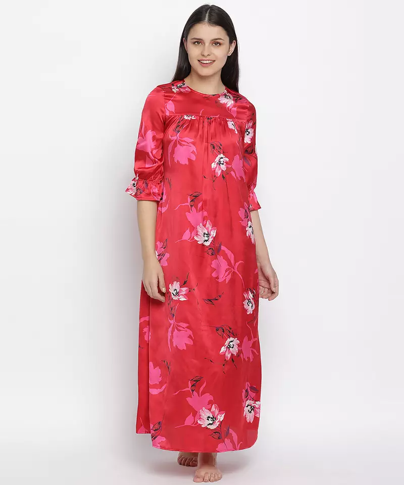 Carmine red floral satin print women nightwear dress