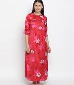 Carmine red floral satin print women nightwear dress