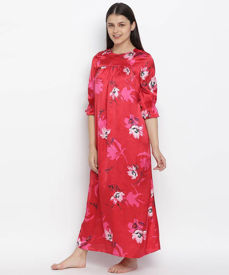 Carmine red floral satin print women nightwear dress