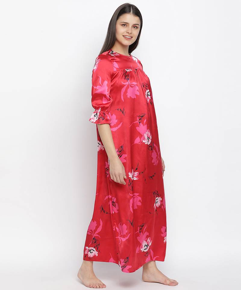 Carmine red floral satin print women nightwear dress