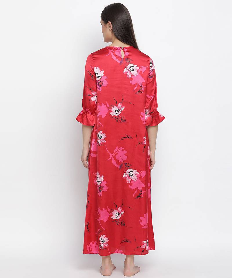Carmine red floral satin print women nightwear dress