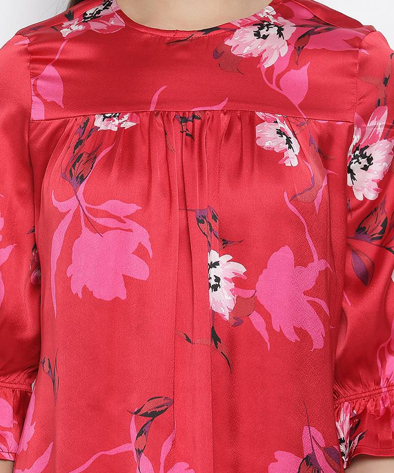 Carmine red floral satin print women nightwear dress