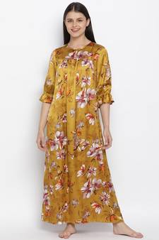 Mustard floral satin print women nightwear dress