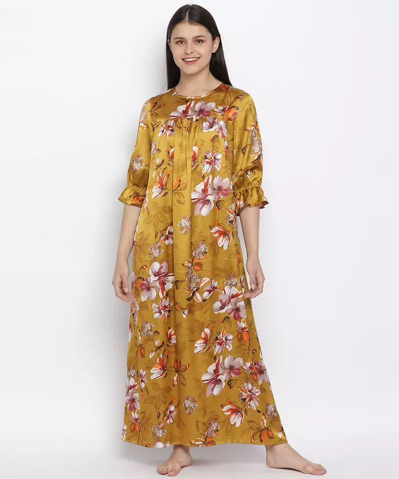 Mustard floral satin print women nightwear dress