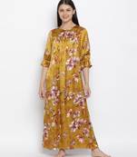 Mustard floral satin print women nightwear dress