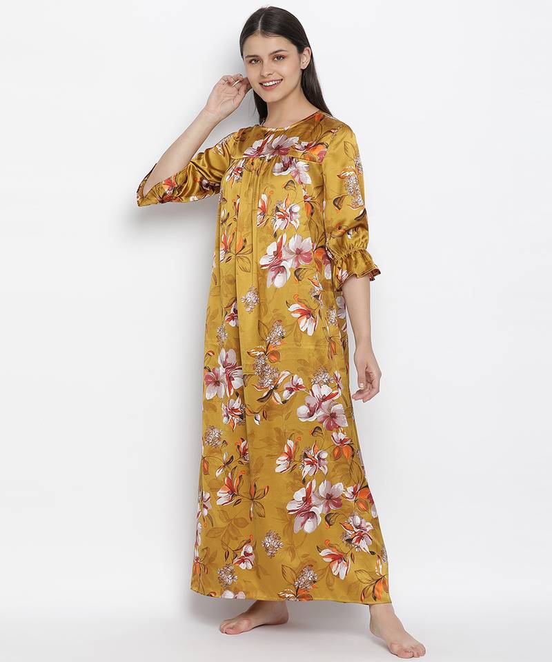 Mustard floral satin print women nightwear dress